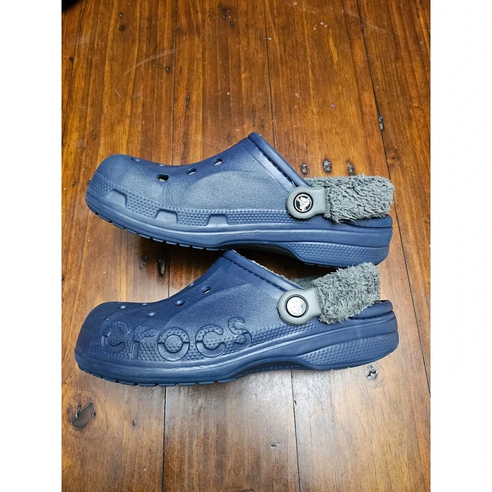 Crocs Baya Lined Navy Blue Grey Faux Fur Clogs Mens 7 Womens 9 Winter Slippers
